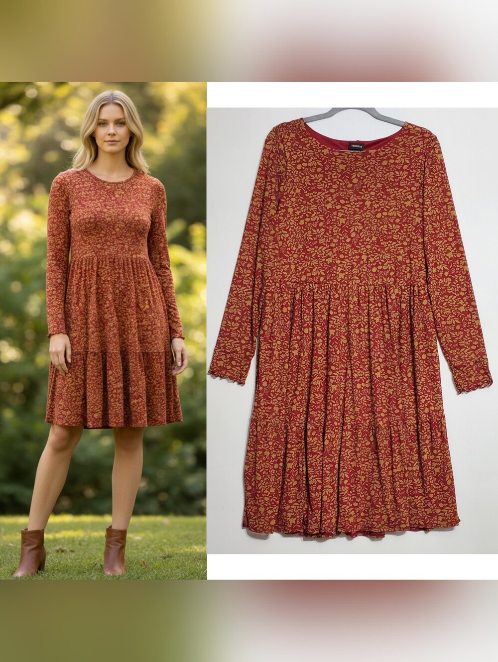 Torrid sz 1X dress floral mesh long sleeve stretch pockets red pullover bohemian